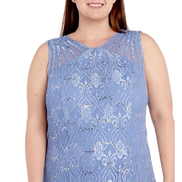 R And M Richards Blue Sequined Lace Gown with Sheer Inserts Size 18 - Picture 5 of 9